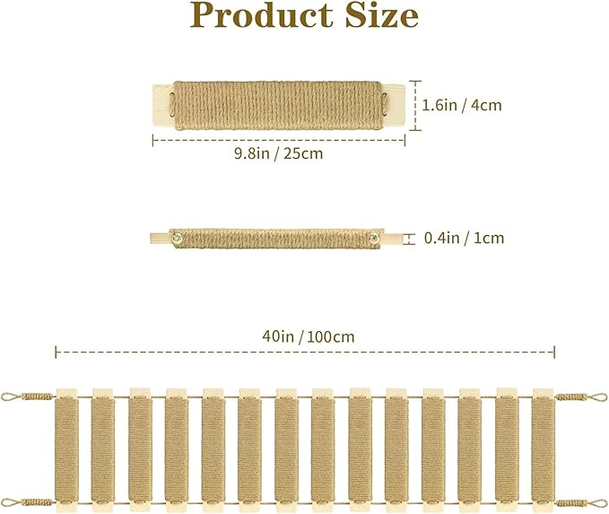 Multi-Functional Cat Ladder & Bridge - Sisal Rope Climbing Frame Wall Furniture for Indoor/Outdoor Cats, Cage Accessories, Parrots, Small Pets (Wood Tone - 40in)