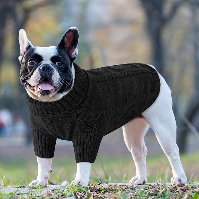 Queenmore Small Dog Pullover Sweater, Cold Weather Cable Knitwear, Classic Turtleneck Thick Warm Clothes for Chihuahua, Bulldog, Dachshund, Pug (Black, X-Small)