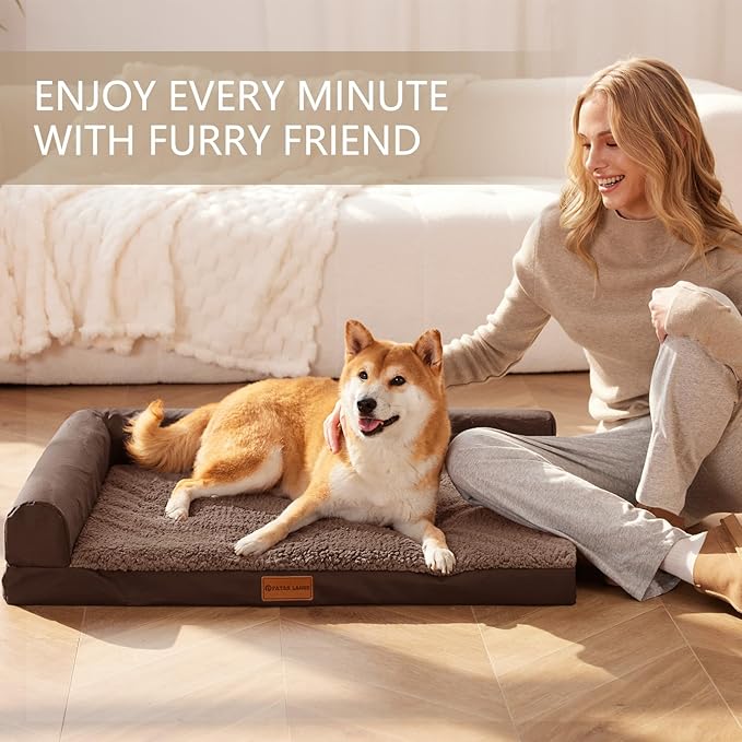 Patas Lague Orthopedic Dog Bed Medium Size Dog 30''X20'', Waterproof L Bolster Medium Pet Sofa Beds with Removable Washable Cover, Soft Comfortable Pet Couch Crate Mat with Nonskid Bottom, Brown