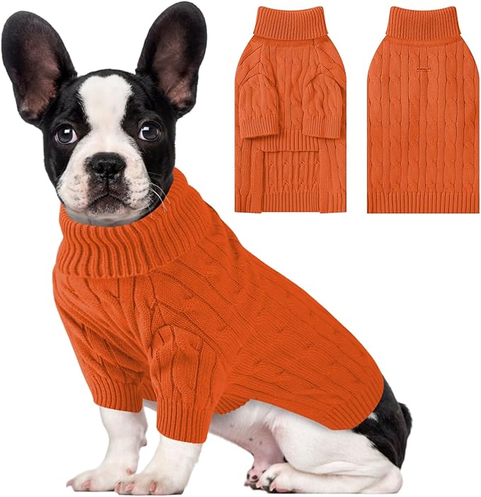 Small Dog Thermal Pullover Sweater, Classic Turtleneck Cable Knitwear Dog Clothes for Cold Weather Warm Pet Clothes for Chihuahua, Bulldog, Dachshund, Pug Orange Large