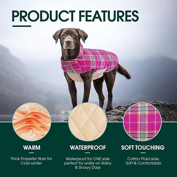 Kuoser Waterproof Dog Coat, Reversible Dog Jacket for Small Dogs, Adjustable Durable Doggie Winter Coat Warm Cozy Puppy Cold Weather Apparel from Small to Large Breed, Rose S