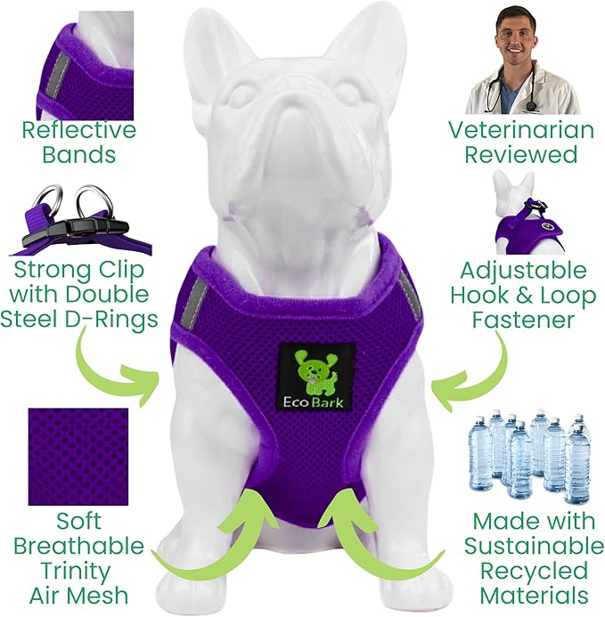 EcoBark Step in Dog Harness - Eco-Friendly Dog Harnesses for for Small & Medium Breed Dogs - Reflective and Adjustable Chest Body Halter Vest -Soft Luxurious Mesh (Purple, XL)