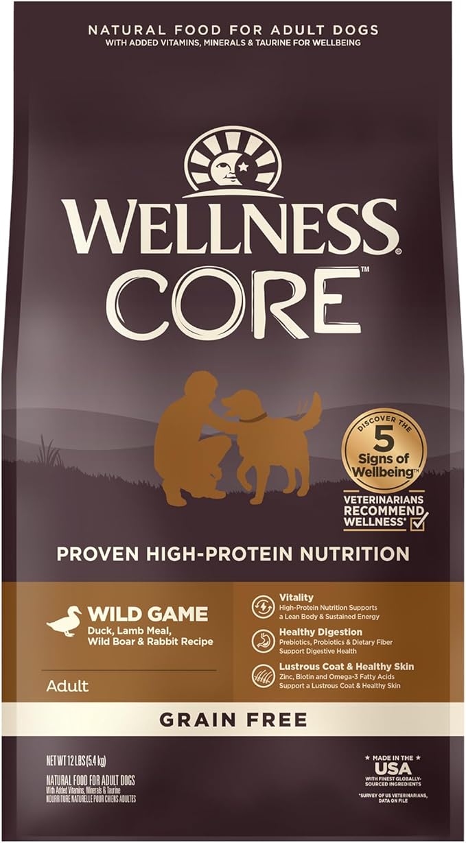 Wellness Natural Pet Food CORE Natural Grain Free Dry Dog Food, Wild Game Duck, Turkey, Boar & Rabbit, 12-Pound Bag