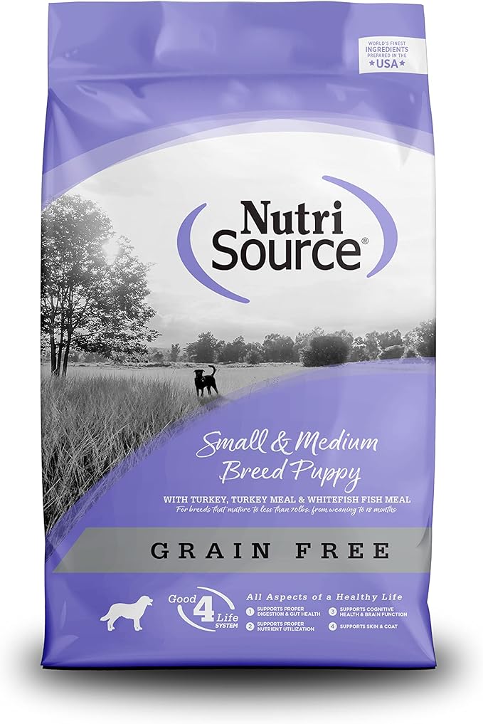 NutriSource Grain Free Dry Puppy Food for Small and Medium Breeds, Turkey, Whitefish and Menhaden Fish Meal, 26LB