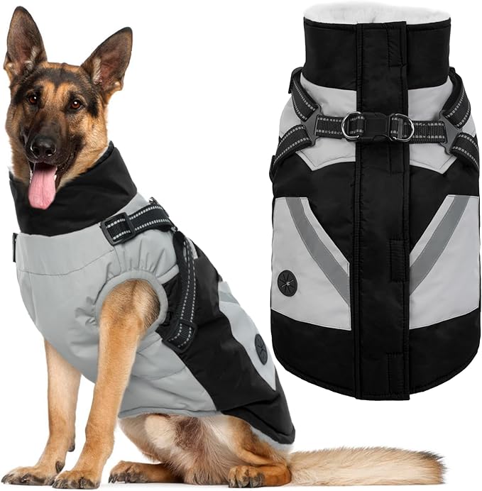 IECOii Dog Jacket Winter Harness Built in -Black,XXXLarge- Zip Up Dog Coat Winter Clothes for Large Dogs Waterproof, Dogs Snowsuit Snow Jacket D-Rring Labrador German Shepherd Doberman Rottweiler