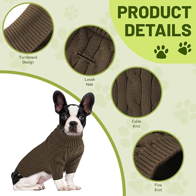 Small Dog Thermal Pullover Sweater, Classic Turtleneck Cable Knitwear Dog Clothes for Cold Weather Warm Pet Clothes for Chihuahua, Bulldog, Dachshund, Pug Tan XX-Large