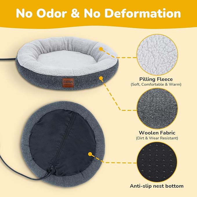 CATISM Heated Cat Bed Indoor - Self Warming Cats Beds, Heating Cat Beds for Indoor Kitten or Small Animals, Cozy Donut Heated Kitty Cave with Timer & Temp Adjustable, Heating Pad with Non-Slip Bottom