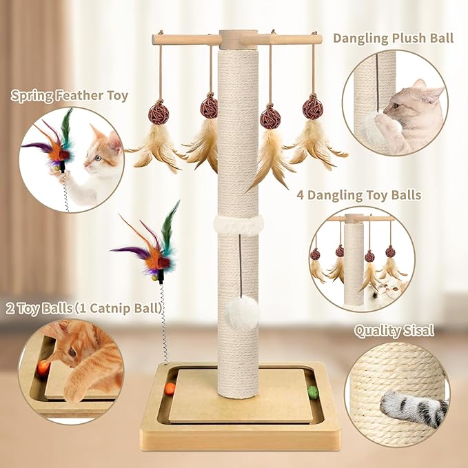 Cat Scratching Post, Sisal, Scratcher Tree Tower for Indoor Cats Adults with Hanging and Ball Track, 2 Mounting Methods Interactive Furniture Toys for Kitten, 25 Inches