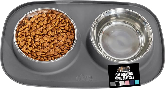 GORILLA GRIP Feeding Mat Set, 3 Cup, Patent Pending 100% Waterproof BPA Free Silicone, Stainless Steel Cat and Dog Bowls, Slip Resistant, High Edges Catch Water Food, US Designed Pet Accessories, Gray