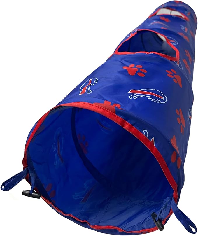 NFL Buffalo Bills Cat Tunnel Tube Toy with Plush Football Catnip and Feathers Collapsible Tunnel for Cats to Play, Peek and Hide, Sporty & Fun Cat Tunnel Toy with Team Logo All-Over Design!