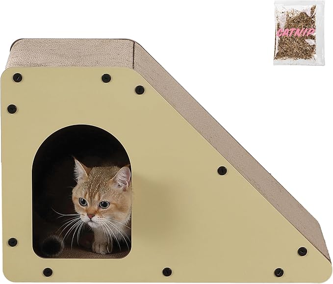 CSR1008A Kento 23.63" Minimalist Cardboard Angled Cat Cave Scratcher with Catnip, Almond