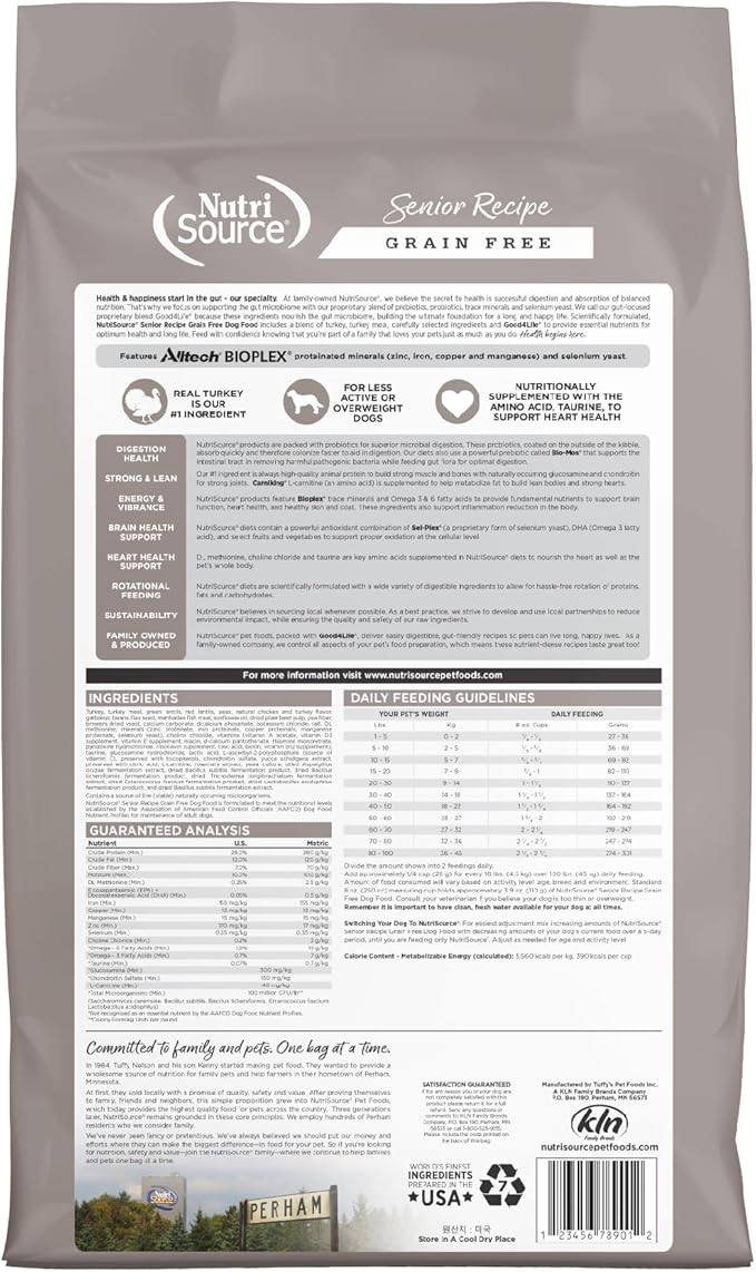 NutriSource Senior Grain Free Dry Dog Food, Turkey, Turkey Meal and Menhaden, 12LB