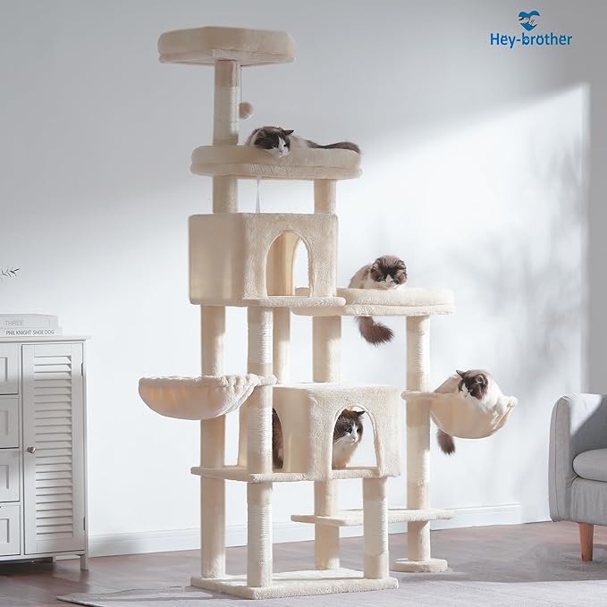 Hey-brother Cat Tree Tower, Scratching Posts with a Extended Part, Wide Platforms, Cozy Condos, Hammocks, Sisal Columns and Ball for Indoor Cats, 70.1 Inches, Beige MPJ038M