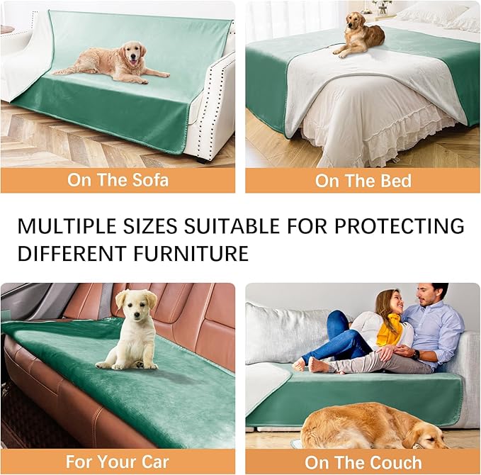 Waterproof Dog Blankets, Washable Pee Proof Pet Blanket for Couch, Soft Reversible Puppy Throw Furniture Protector Cover for Bed Sofa-68"x82",Green+Cream