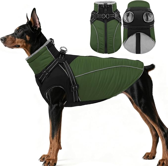 ASENKU Reflective Dog Coat with Built-in Harness, Windproof Fleece-Lined Dog Jacket for Small, Medium, Large Dogs, Warm Winter Vest with Turtleneck & Zipper (Green 3XL)