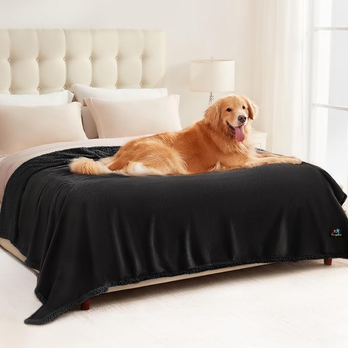 Luciphia Waterproof Bed Blanket Washable,Soft Sherpa Fleece Puppy Reversible Throw Blankets for Medium Large Dog Cat,Furniture Cover Protector Couch Bed from Liquid Pee and Pet Fur, Black,85" x 57"