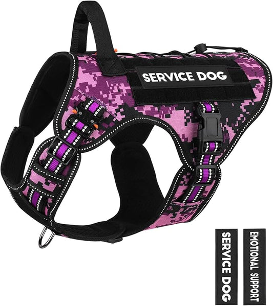 PETNANNY Tactical Dog Harness Reflective with ID Card,Service Dog Vest Harness for Medium Large Dogs,Emotional Support Vest with Padded Handle，2 Reflective Patches for Training Hunting（Purple Camo,XL）