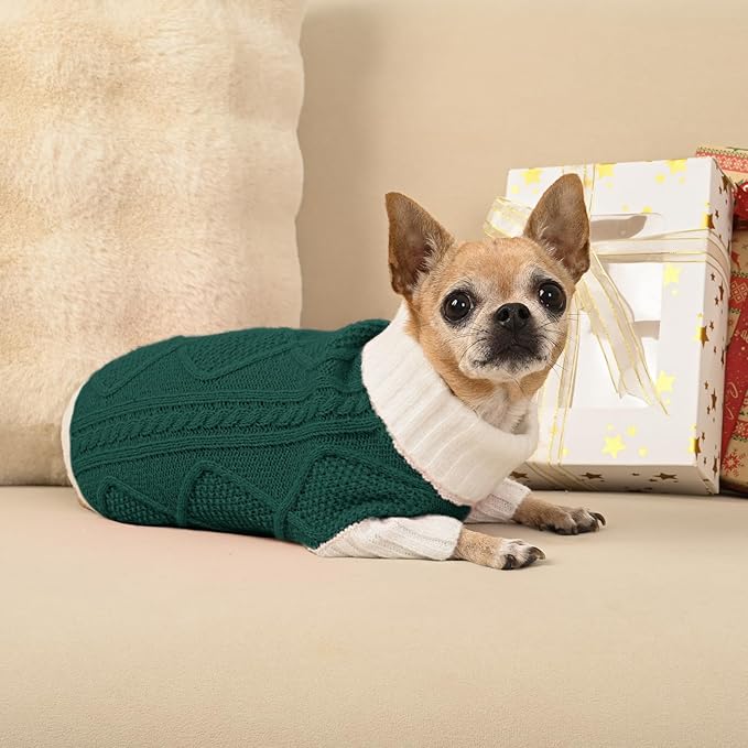 Dog Sweater for Small Dogs Argyle Cable Knit Turtleneck Pullover Winter Clothes Boys Girls Stretch Puppy Doggie Chihuahua Yorkie Pomeranian Toy Poodle Pet (S, Green)