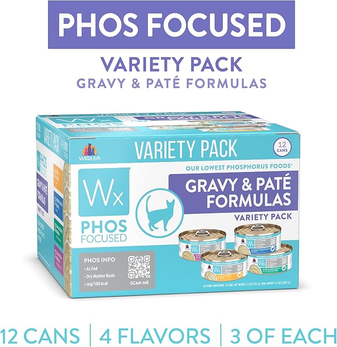 Weruva Wx Phos Focused Gravy and Pate Formulas 5.5oz Can Variety Pack, Pack of 12