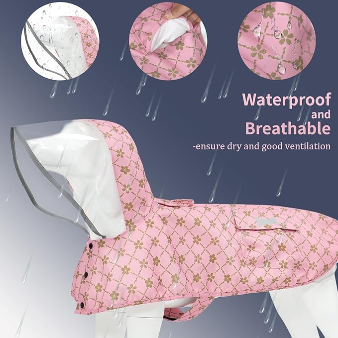 Waterproof Dog Raincoat, Adjustable Reflective Lightweight Pet Rain Clothes with Poncho Hood (Gold Cheery Blossoms Pink, X-Large)