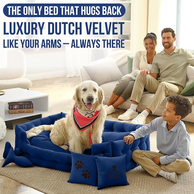 Luxury Dog Bed Chesterfield – Handcrafted Velvet Throne for Dogs | Joint Support, Calming & Temp-Regulating Comfort | Durable 5+ Years, Anti-Claw, Washable 100+ Times – XL, Blue