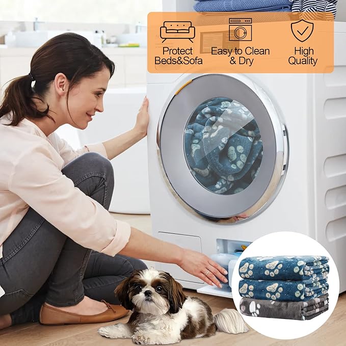 Rezutan Dog Blankets for Medium Pet, 3 Pack Blanket Fuzzy Cat Blankets Washable, Soft Comfort Flannel, Reversible Dog Paw Print, Gifts Puppy Essentials, 30 x 20 inch, 2Blue & 1Gray