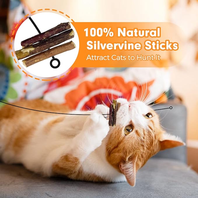 Cat Wand Toy, Cat Feather Toys with Silvervine & Bells, 2 * Teaser Wand & 6 * Teaser Refills, Extra Long 38.5" Wire Wand, Toy for Indoor Cats & Kitten & Kitty