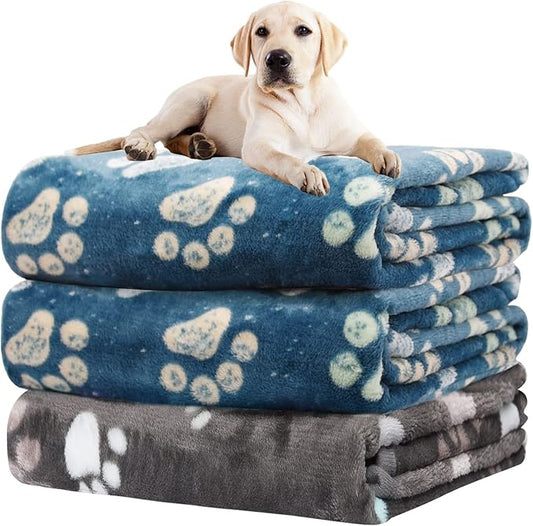 Rezutan Premium Dog Blankets for Large Dogs & Cat Flannel Blanket Washable, Soft Pet Throw Cover for Kennel Crate Bed, Sofas, Cute Paw Pattern,41x31 inch,1Gray & 2Blue