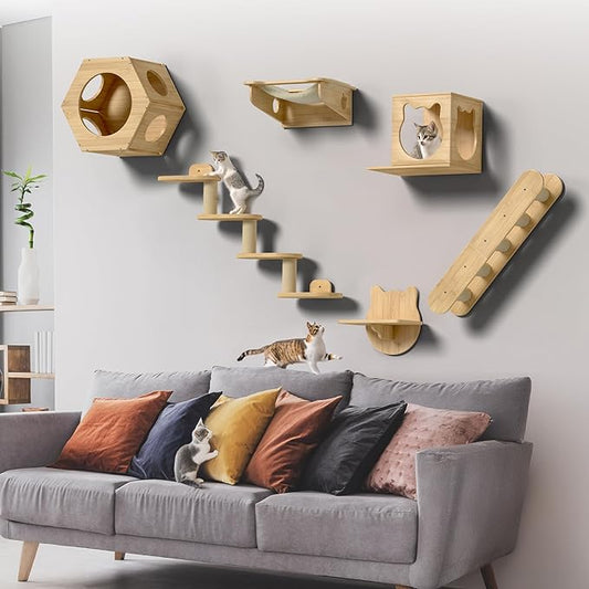 Wall-Mounted Cat Furniture for Climbing - Indoor Wooden Floating Shelves, Perches, Hammock, Bed, Bridges, and Walkways - Different Models Available