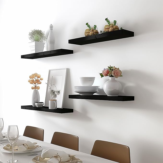 Black Wood Floating Shelves for Wall Rustic Wall Shelf for Bedroom Living Room Set of 4