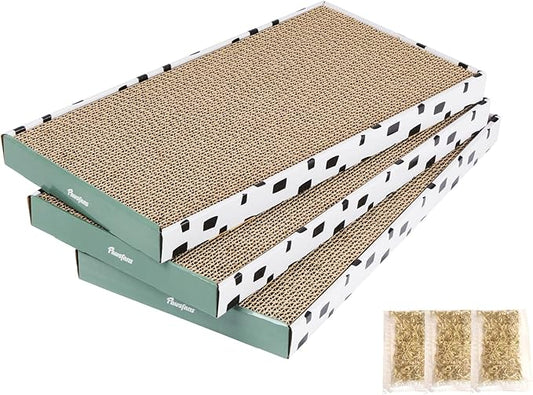 PAWSFANS Cat Scratcher Cardboard Scratch Pad with Box Durable Corrugate Scratching Board Kitty Sofa Lounge Bed Reversible Catnip Included for Indoor Cats,Large (Box, 3pcs)