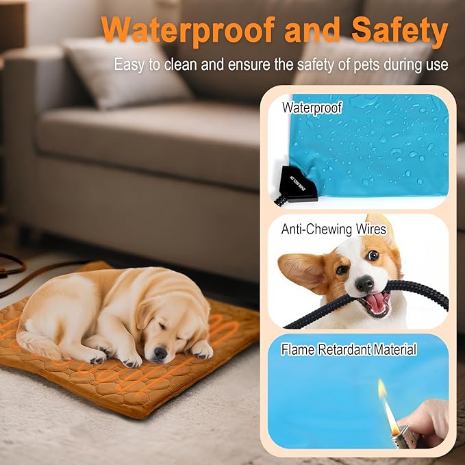Pet Heating Pad for Cats & Dogs Indoor Outdoor, Warming Cat Heating Pad with Chew Resistant Cord, Adjustable Temperature and Time, Heated Pet Bed Mat Waterproof for Cats Dogs (Coffee, 15.7'' × 27.6'')