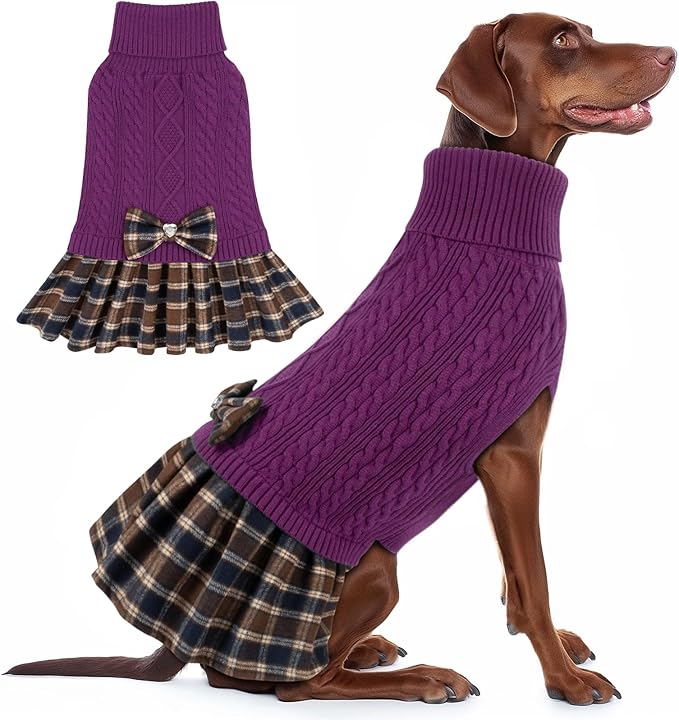 KYEESE Dog Sweater Soft Turtleneck Pet Sweater Dress with Bowtie Warm Comfy Pet Coats Pullover Dog Sweaters for Large Dogs Thick Dogs Clothes, Purple, XXX-Large