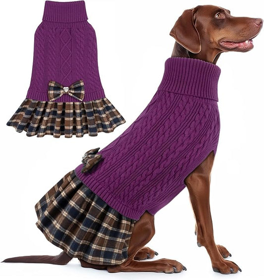 KYEESE Dog Sweater Soft Turtleneck Pet Sweater Dress with Bowtie Warm Comfy Pet Coats Pullover Dog Sweaters for Large Dogs Thick Dogs Clothes, Purple, XXX-Large