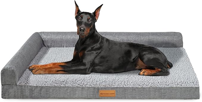 Patas Lague Orthopedic Jumbo Dog Bed for Extra Large Dogs 56''X40'', Waterproof L Bolster Pet Sofa Beds with Removable Washable Cover, Soft Comfortable Pet Couch Crate Mat with Nonskid Bottom, Grey