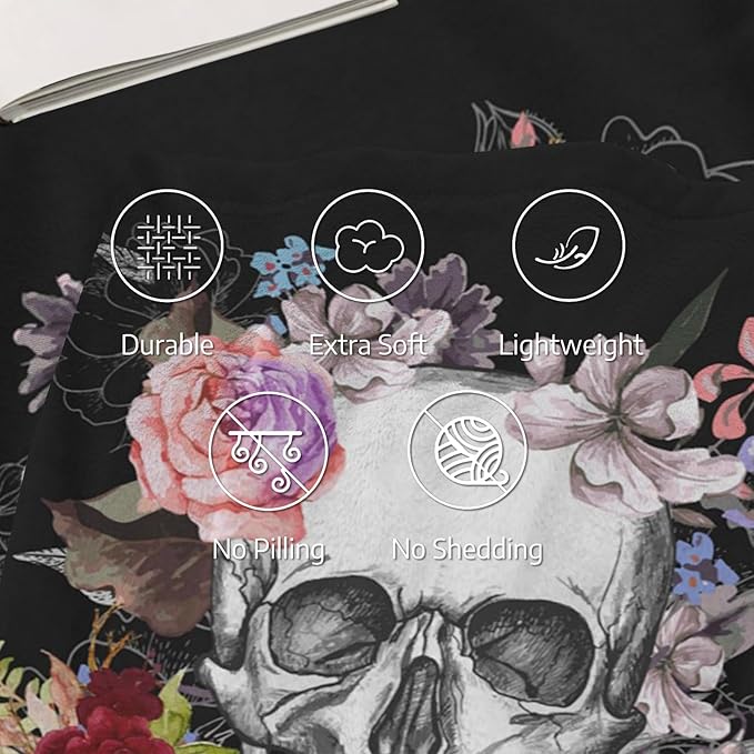 Skull and Flowers Day of The Dead Throw Blankets Lightweight Plush Fuzzy Cozy Soft Bedding, Fleece Throw Blankets All Season for Sofa Couch Bed 50x60 inches