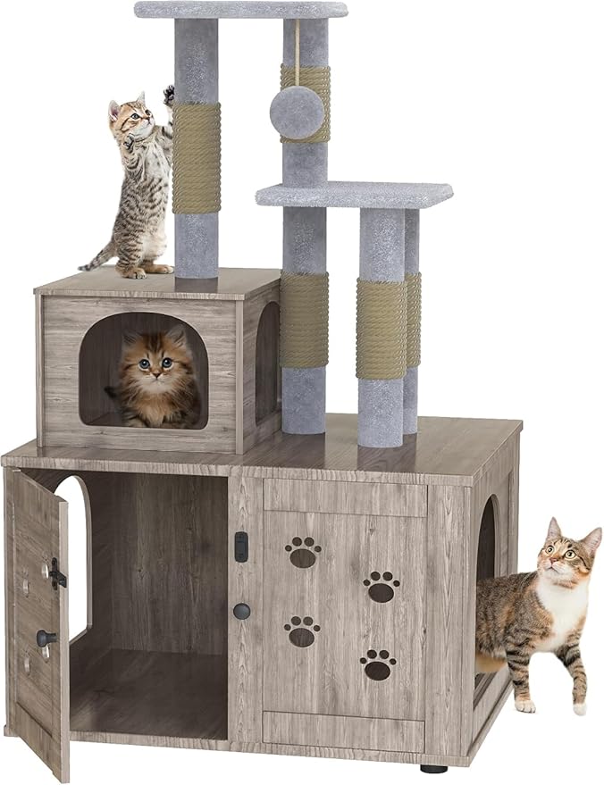 Cat Litter Box Enclosure with Cat Tree Tower 2-in-1 Hidden Pet Washroom Furniture with Scratching Post and Soft Plush Perch Platform Wooden Cat House Divided Condo for Indoor Large Cats Gray