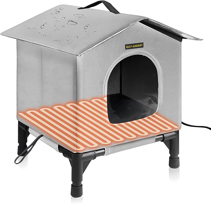 Heated Cat House for Indoor Cats in Winter, Waterproof, Fully Insulated Shelter for Stray and Feral Cats, Great for Cat Houses for Indoor Cats and Cat Beds for Indoor Cats (Grey-Heat, Medium)