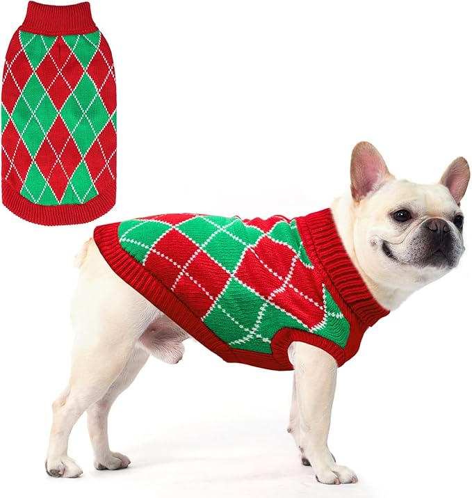 KOOLTAIL Dog Christmas Sweater, Knit Turtleneck Cold Weather Dog Sweaters for Small Medium Large Dogs, Red and Green Plaid Pullover Knitwear Dog Winter Warm Clothes, Puppy Sweater for Girls Boys L