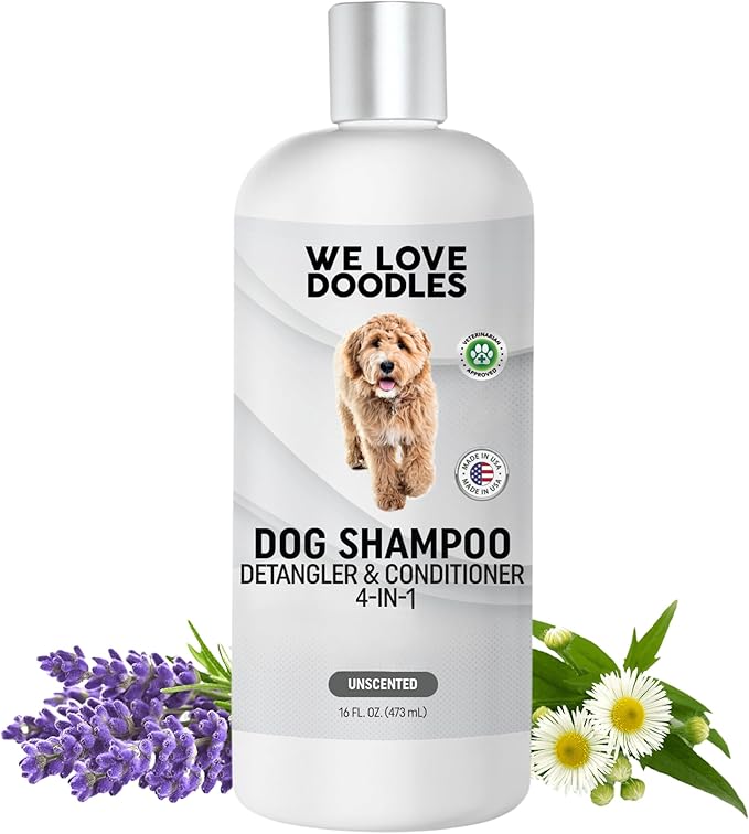Dog Shampoo, Conditioner & Detangler - Best Shampoo for Goldendoodles, Poodles & Doodles - for Matted Pet Hair - Sensitive Skin Shampoo for Puppies - Made in The USA, 16OZ (Unscented)