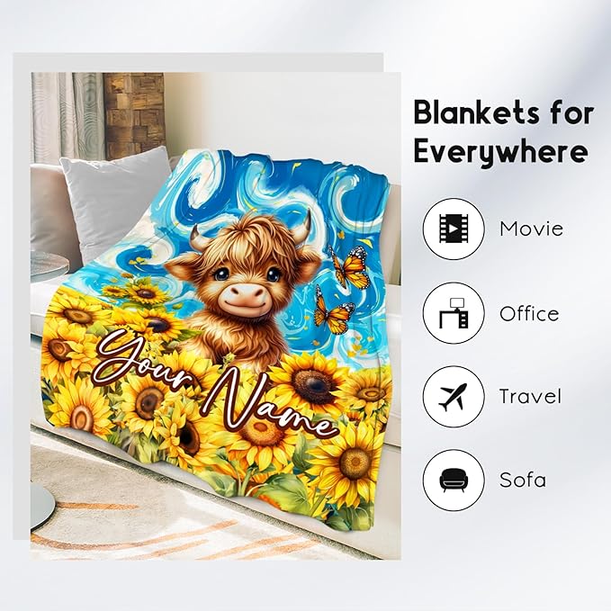 Kids Blanket - Custom Highland Cow Blankets for Toddler/Teens/Women - Flannel Soft Sunflower Throws for Room Decor - 4 Sizes