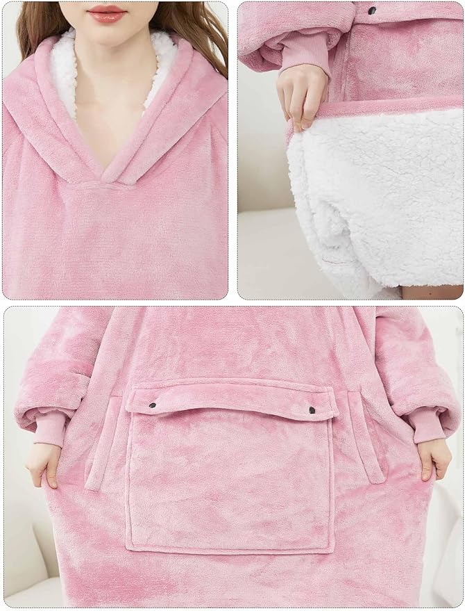 KFUBUO Wearable Blanket Hoodie for Adult Long Sherpa Oversized Hoodie Sweatshirt Blanket Birthday Gifts for Women Pink