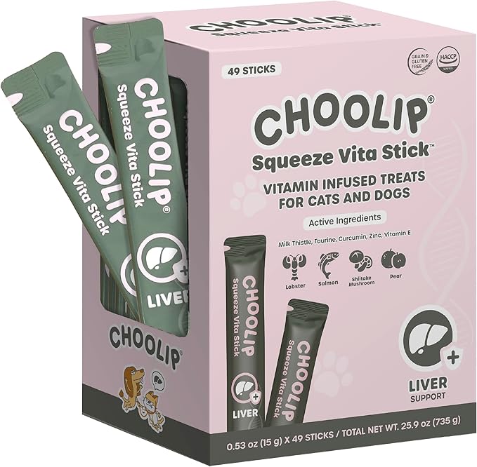 Choolip Squeeze Vita Stick Lickable Cat and Dog Treats – 49-Count Liver Support Sticks with Multivitamins, Soft Squeezable Paste for All Life Stages, Supporting Liver Health