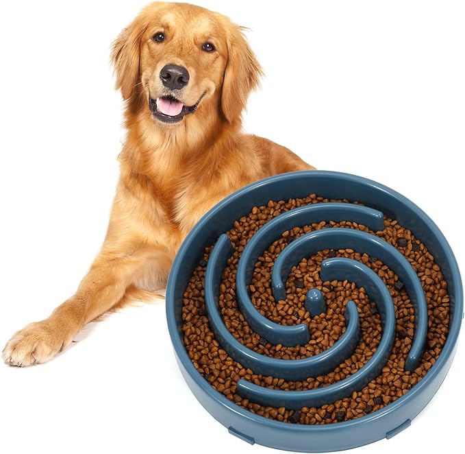 Blue Slow Feeder Maze Puzzle Bowl - Large Dog Non Slip Food Feeding Dishes for Medium Dogs, Interactive, Bloat Stop, Choking Prevention, Healthy
