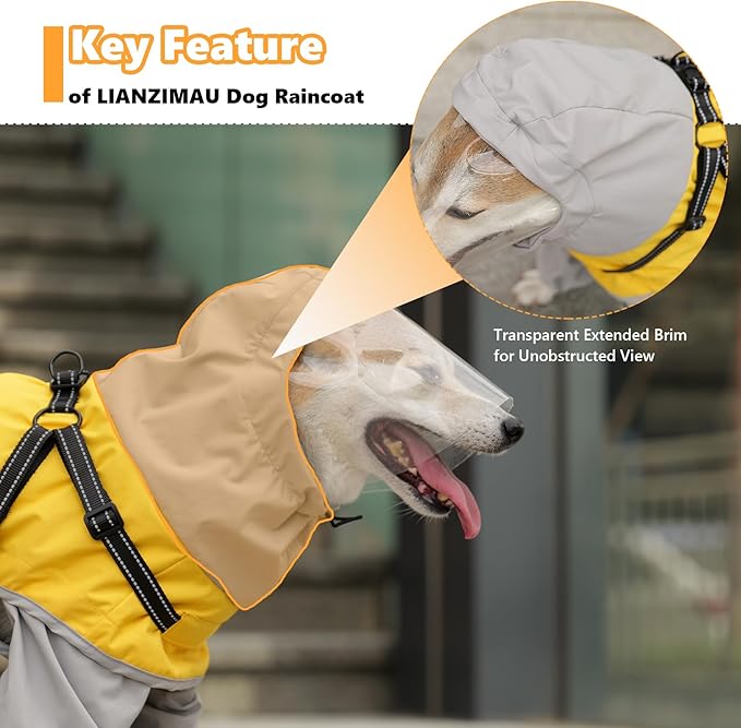 LIANZIMAU Waterproof Dog Raincoat 4 Legs with Leash Hook Reflective Adjustable Belly Strap Clear Hood Lightweight Polyester for Small Medium Large Dogs