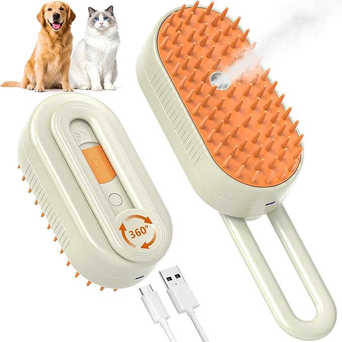 Cat Steam Brush for Shedding, Pet Steam Brush for Cats and Dog, 4 in 1 Rechargeable Cat Hair Brush, Spray Anti-Static, Massage, Cleaning, Shedding & Combing All In One, for Long & Short Haired Pets!