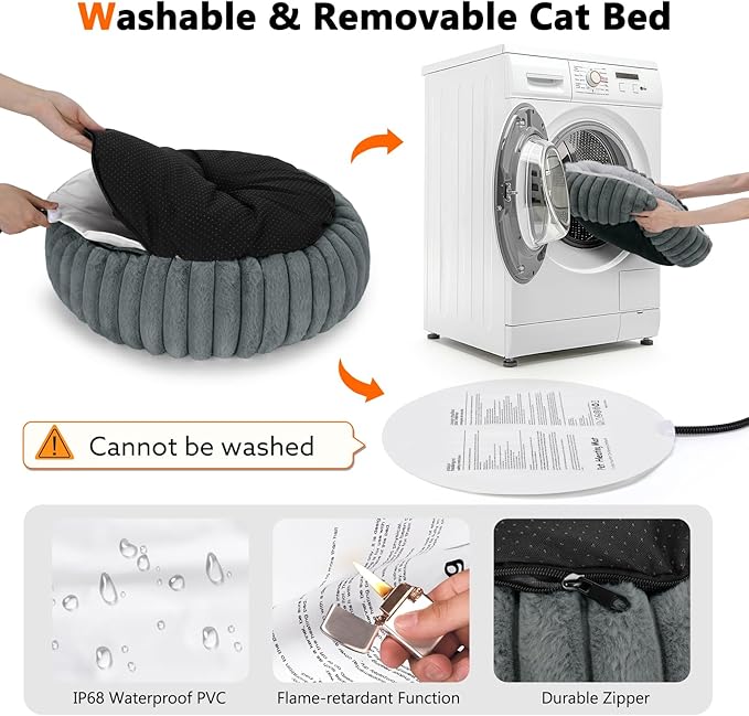 INVENHO Heated Cat Beds for Indoor Cats and Small Dogs, 20" Cozy Donut Heated Pet Bed with Timer & Temp Adjustable, Removable Waterproof Electric Warming Bed for Indoor Cat