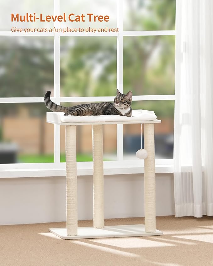 FourFurPets 26.7in Large Cat Tree Tower Condo, Cat Scratch Posts for Indoor Cats, Big Plate, Three 23.6in Full Sisal Scratching Posts, White
