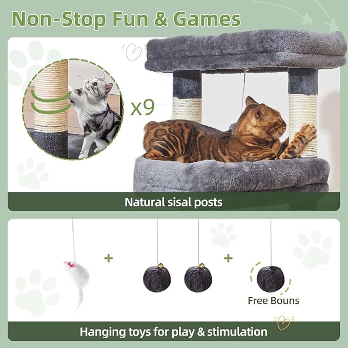 Taoqimiao 71 Inches Cat Tree for Large Cats 20lbs+, 3 Giant Perches, Multi-Level Cat Tree Tower, Widened Cat Condo with 9 Scratching Posts, Luxurious Hammcock & Basket, Smoky Gray, MS034G
