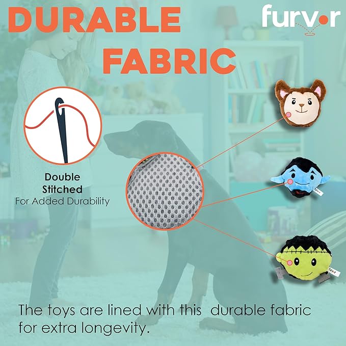 Flourish Pets 2 in 1 Halloween Pack of 3 Multi-Layer Chew Toy for Active Dogs | Non-Toxic BPA Free Double Stitched Soft Fabric and Long-Lasting Dog Plush Toys-Dracula, Frankenstein and Werewolf 3.5"